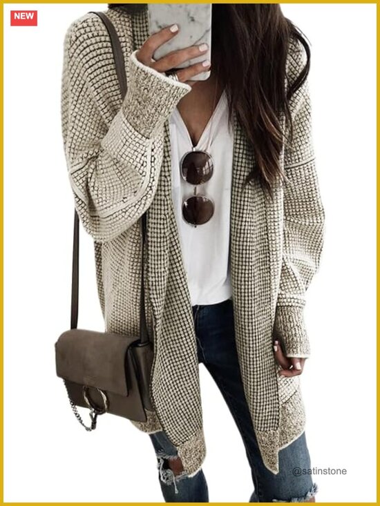 Sweaters - Oversized Checkered Chunky Knit Cardigan Long Sleeve Open Front Coat